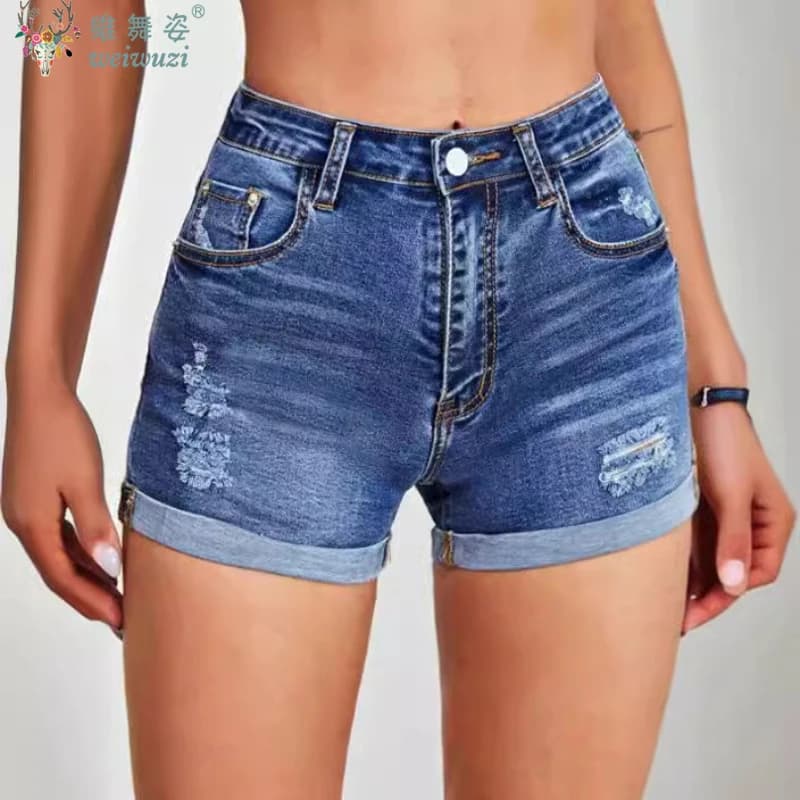 Women's Ribbed Jeans Women's Ripped Shorts Casual Blue Waist Pants Summer A-line Slim Fit Fashion Breathable jeans shorts indispensable