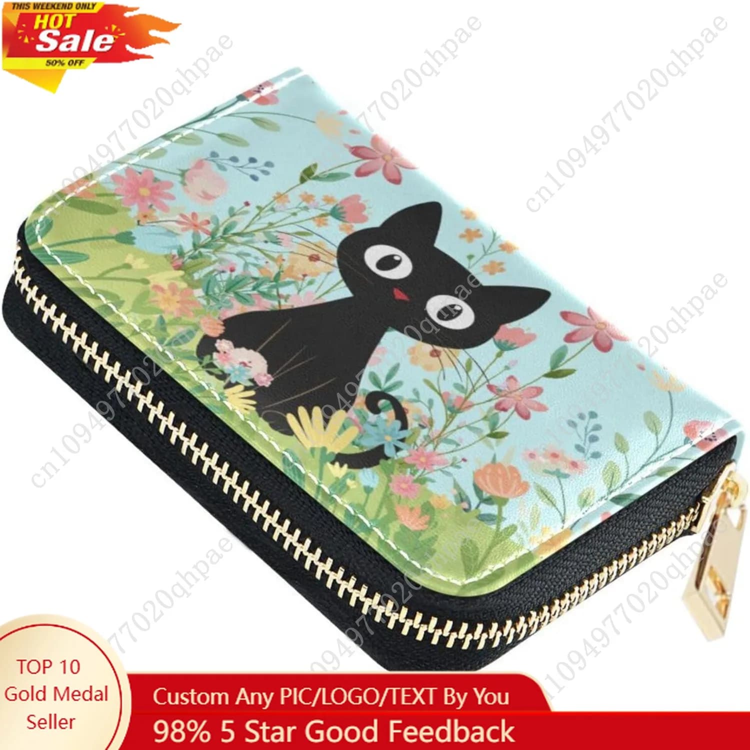 Porta carte di credito con fiore di gatto carino per donna Porta carte in ecopelle con blocco Rfid Portafogli piccoli con 9 slot per carte