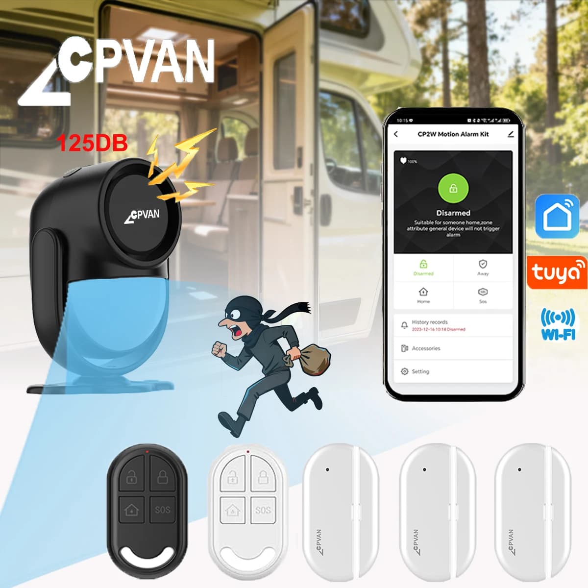 Sistema di allarme domestico CPVAN Wifi 2.4G, supporto app Tuya Smart Life, rilevatore di movimento wireless, allarme antifurto, sensore per porta.