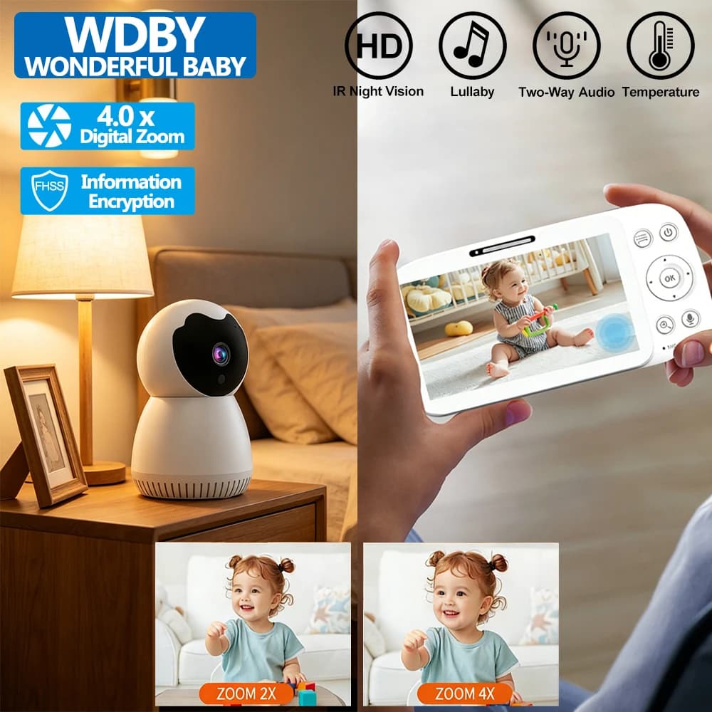 Monitor per Bambini con Schermo Touch da 5 Pollici, Telecamera Pan-Tilt con Zoom 4X, Audio Bidirezionale, VOX, Ninna Nanna, Visione Notturna IR, Telecamera di Sicurezza per Bambini