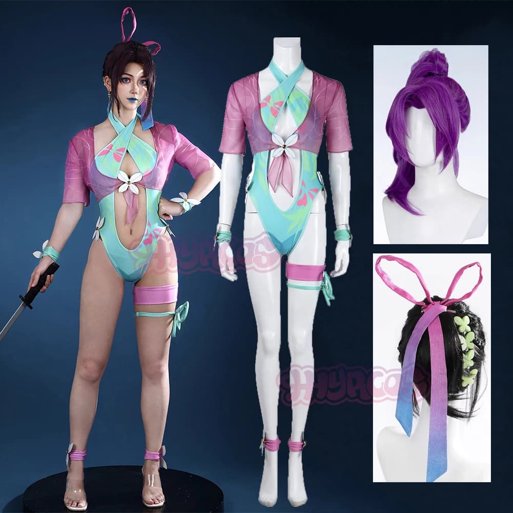 Rivali Psylocke Cosplay Cosplay Wig Mutant Yokai Slayer Breezy Butterfly Swimwear Dress for Halloween Party Adult Women Girl
