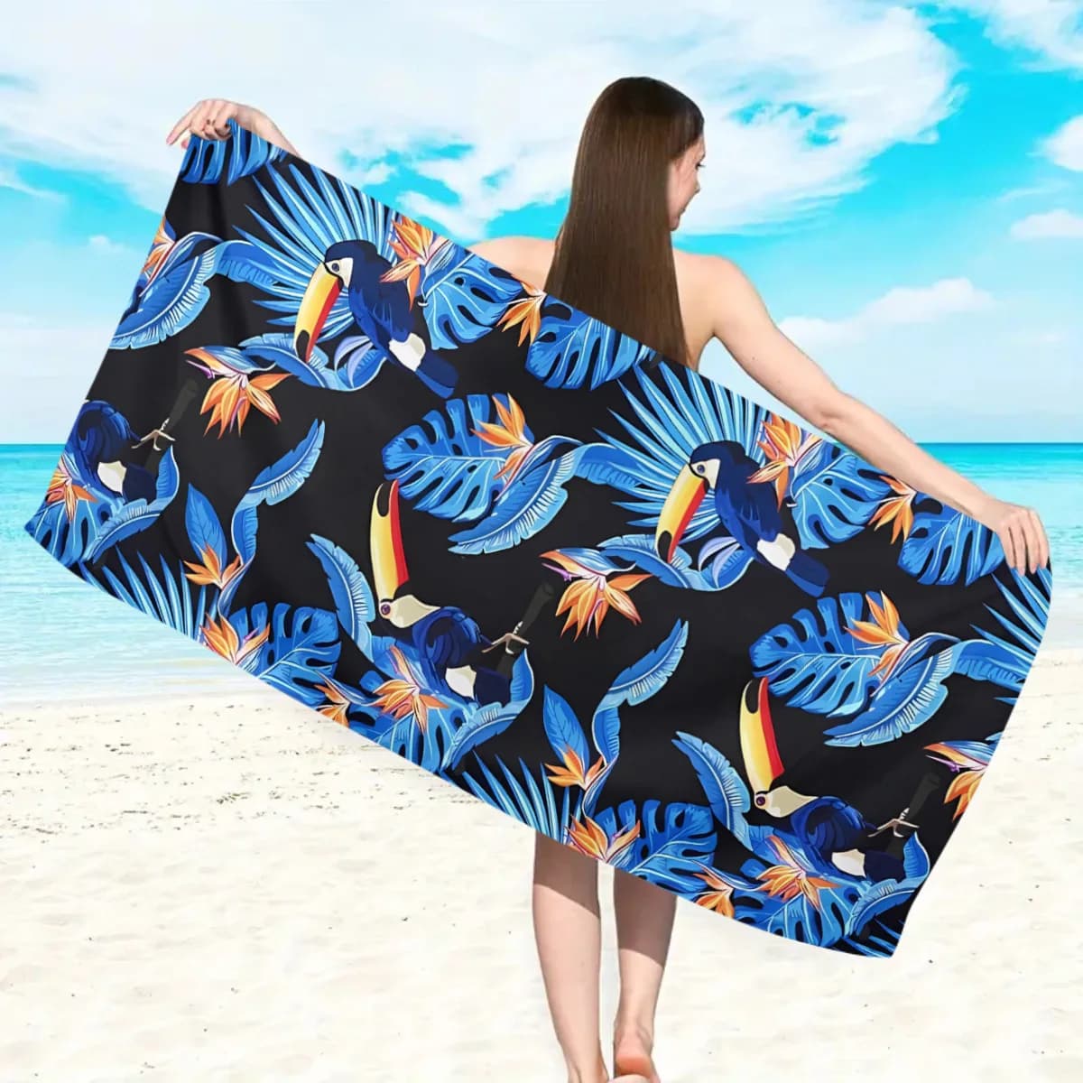 Asciugamano da spiaggia Tropical Toucan in microfibra ad asciugatura rapida, asciugamano da bagno oversize, per piscina estiva, viaggio, picnic, tappetino da yoga