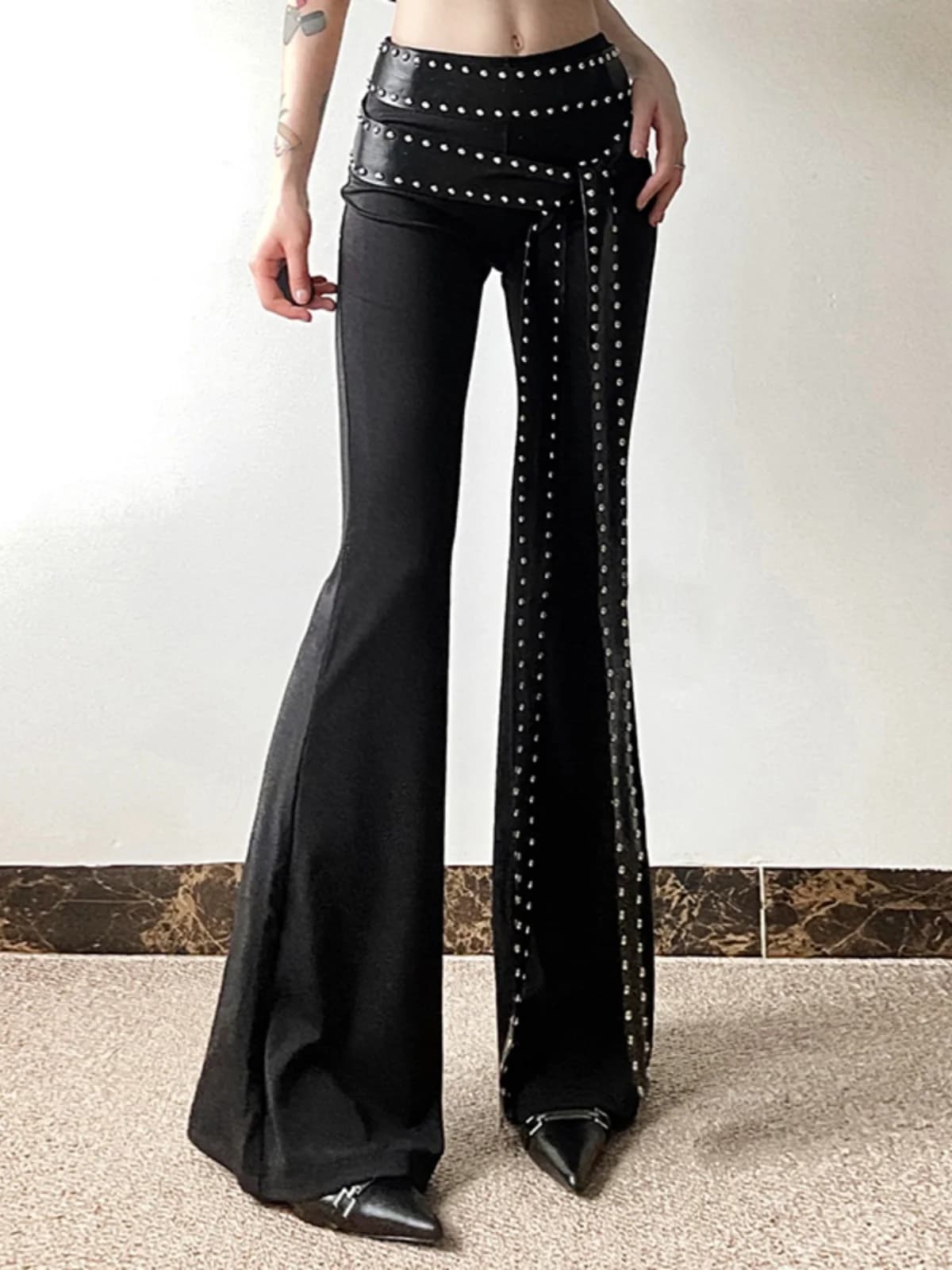 SylCue High Street Style Tight Leggings Black Casual Pants Asymmetric Nail Design Cool Girl Jeans High Waist Long Trousers