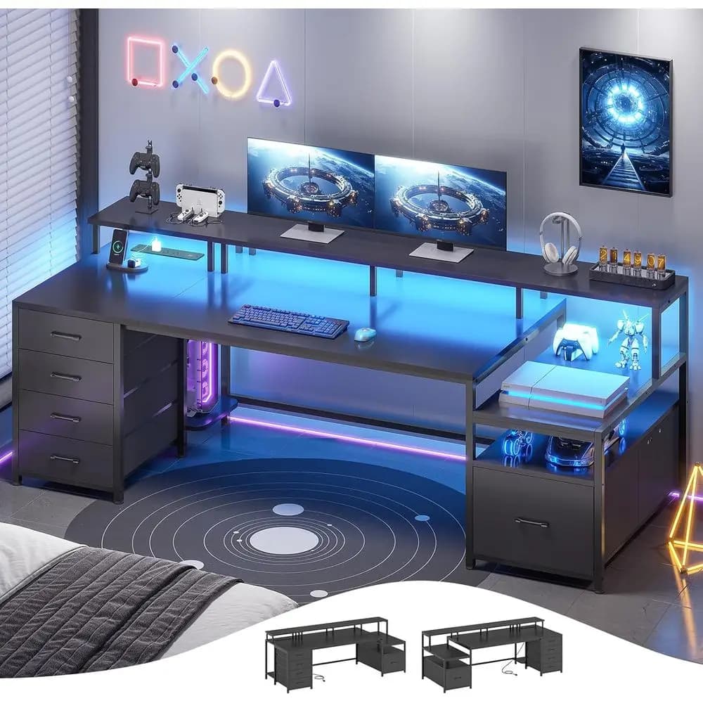 Scrivania Larga 75 Pollici con 5 Cassetti, Presa di Corrente, Luci LED, Ripiani Portaoggetti, Supporto per Stampante e Ripiano per Monitor per Ufficio Domestico