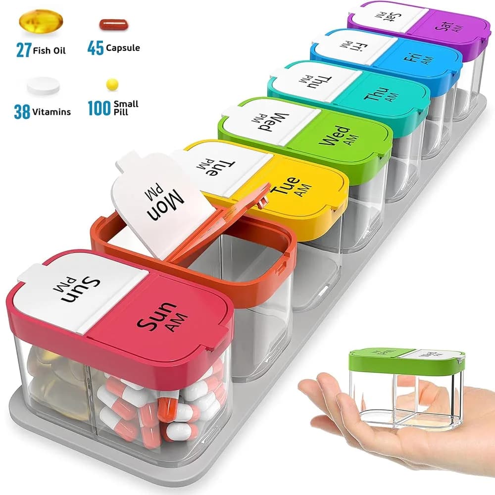 1 pcs extra large weekly organizer for pills 2 times a day, vitamin supplements for daily medicines for elderly people, artic patients and children