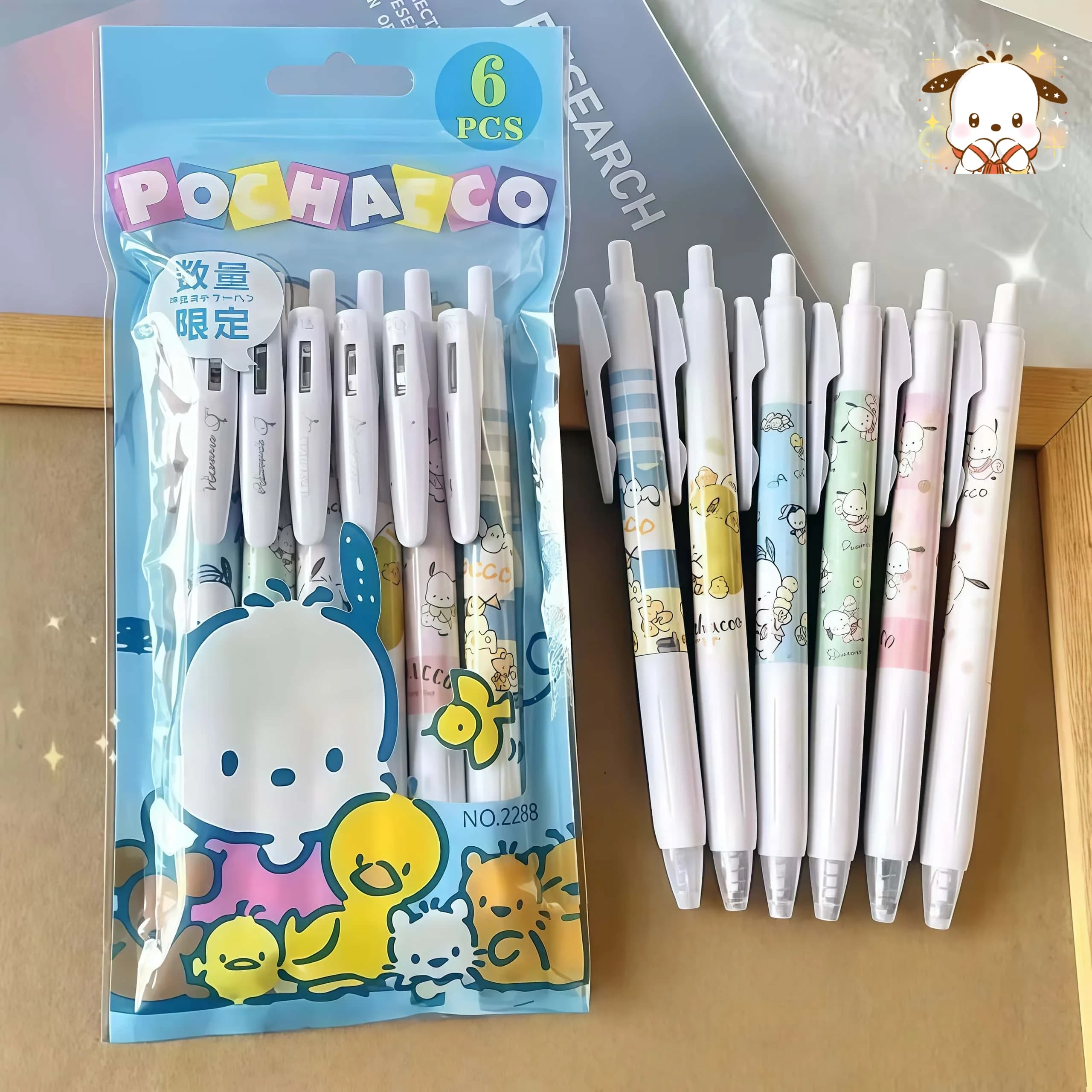 Confezione da 6 Penne Gel Retrattili Kawaii Sanrio Pochacco per Scrittura e Ufficio, Carine e Resistenti