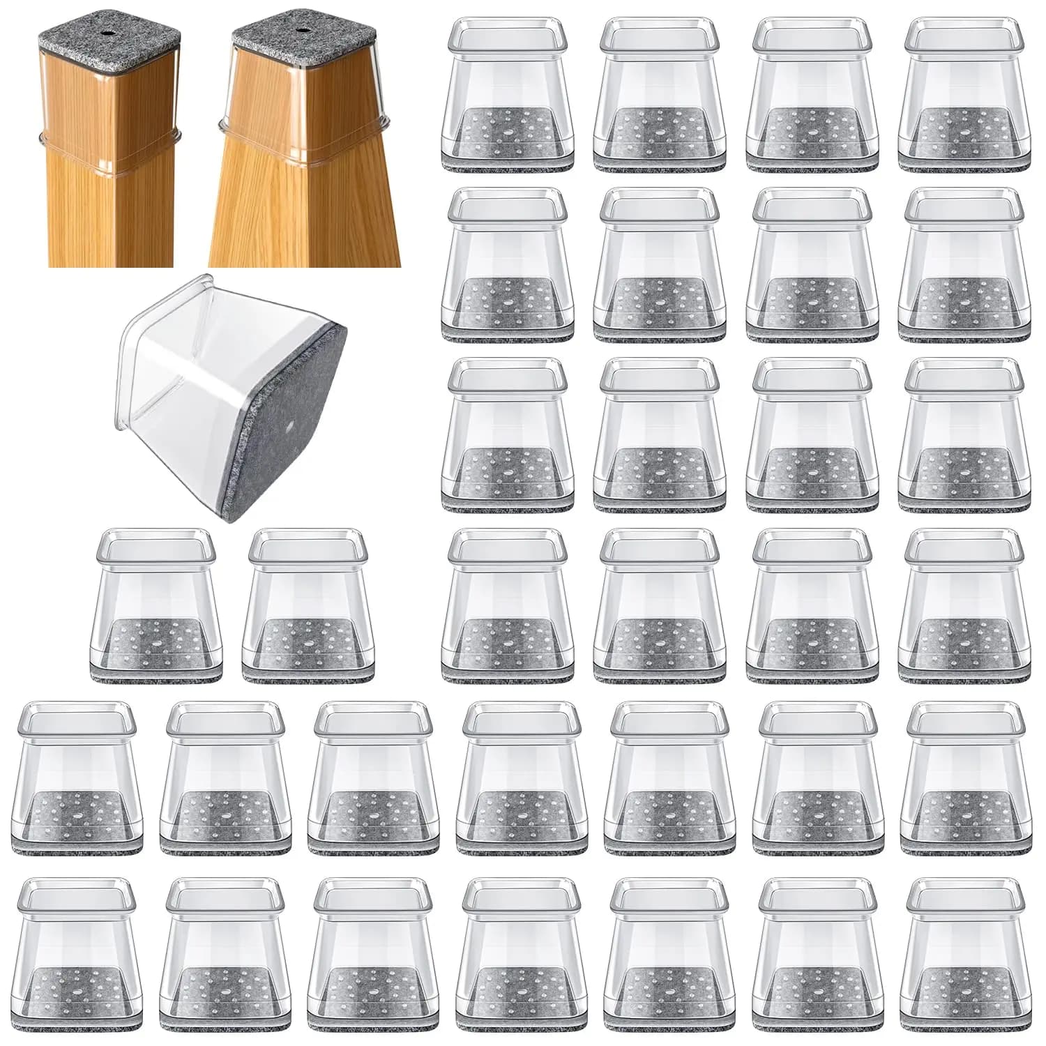 32-Piece Square Chair Leg Protectors for Hardwood Floors Felt Furniture Floor Glides with Silicone Caps for Quiet Walking
