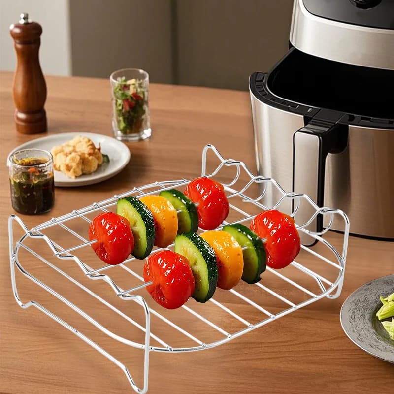 Air Fryer Grill Rack Equipped with Four Skewers, Carbon Steel Baking Grid for Outdoor Barbecue Oven Cooking Accessories