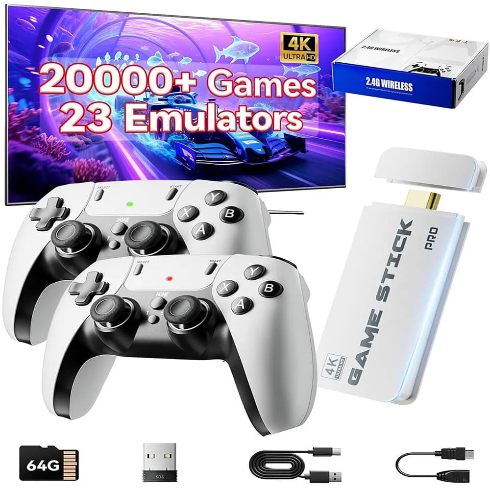 4K Pro Game Console with 20000+ Retro Games, Plug and Play, HDMI TV, Wireless 2.4G Controller, Ideal Gift for Children and Adults