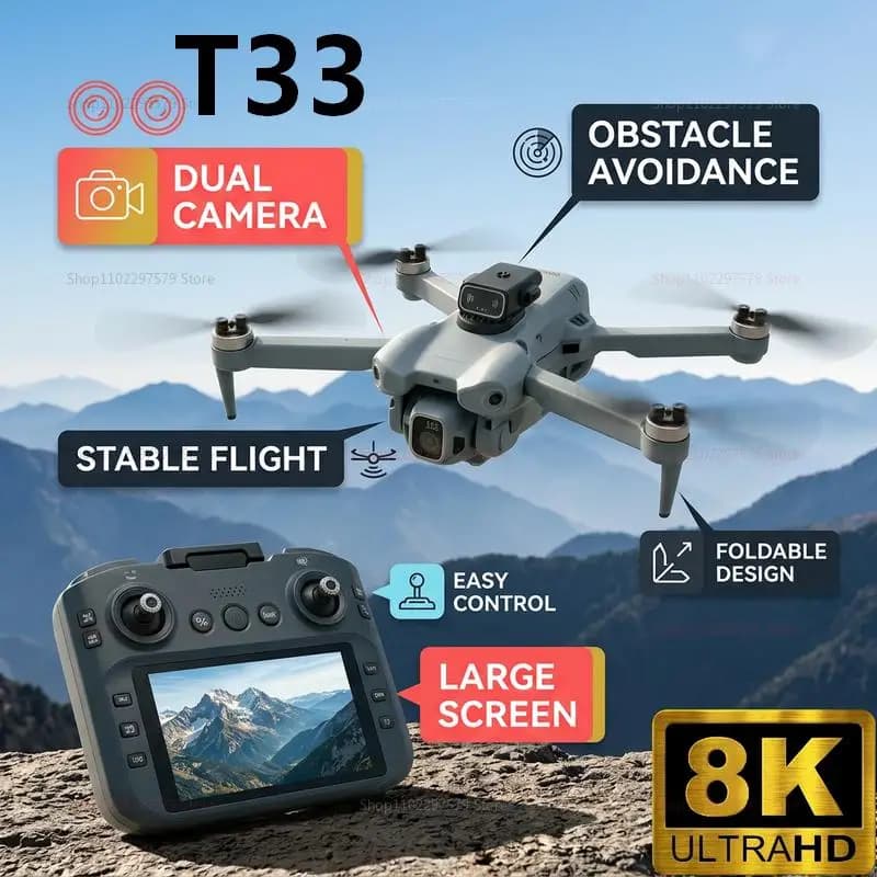 2026 New T33 RC Drone 8K Camera 4 point 5 Inch Screen Folding Four Axis Aircraft 3 point 7 V Headless Mode GPS FPV Aerial Gifts