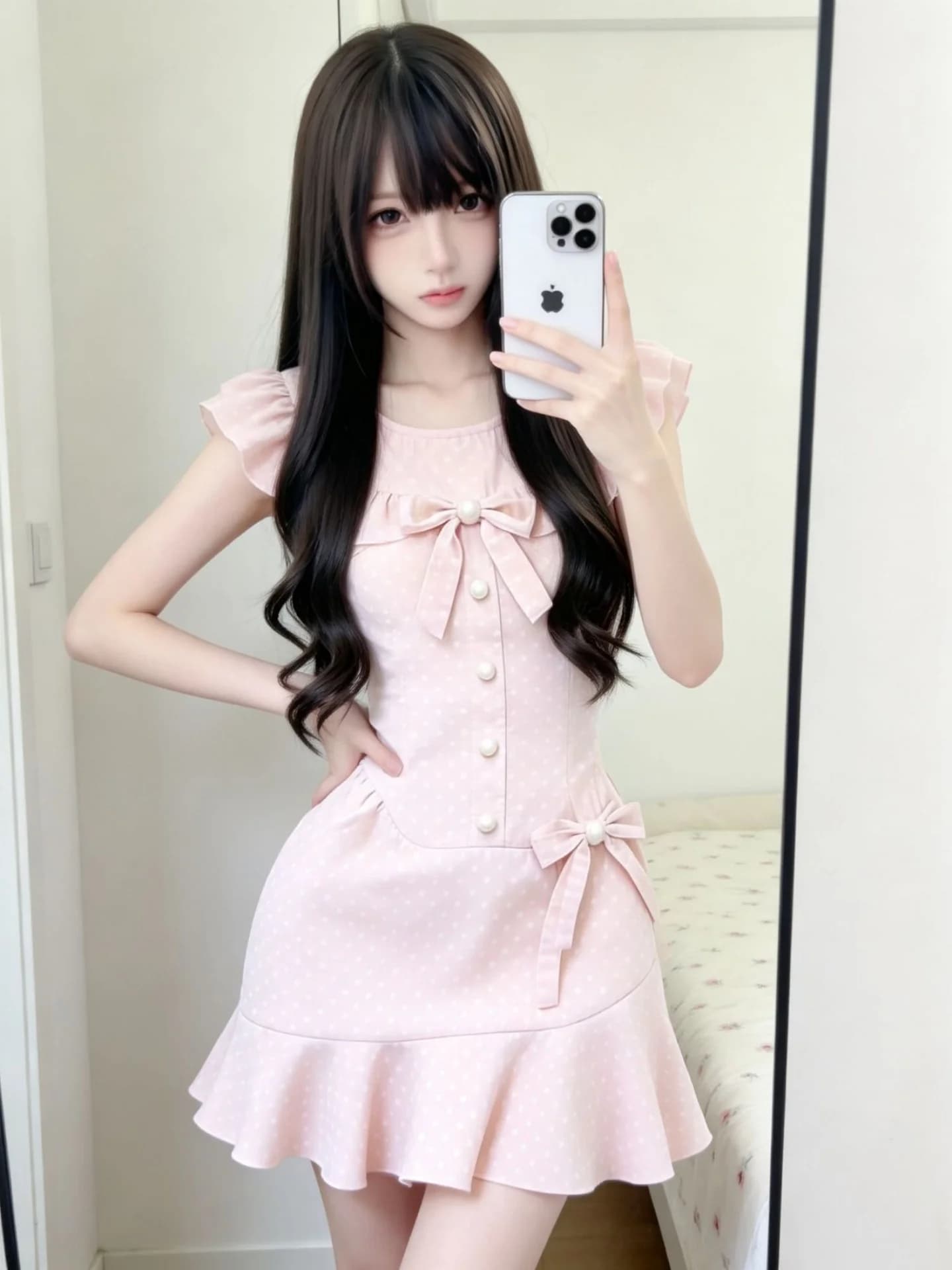 Pink Polka Dot Bow Tie Waist Short Dress Korean College Style Sweet Slimming Skirt French Style mid High Waist Polyester Fiber