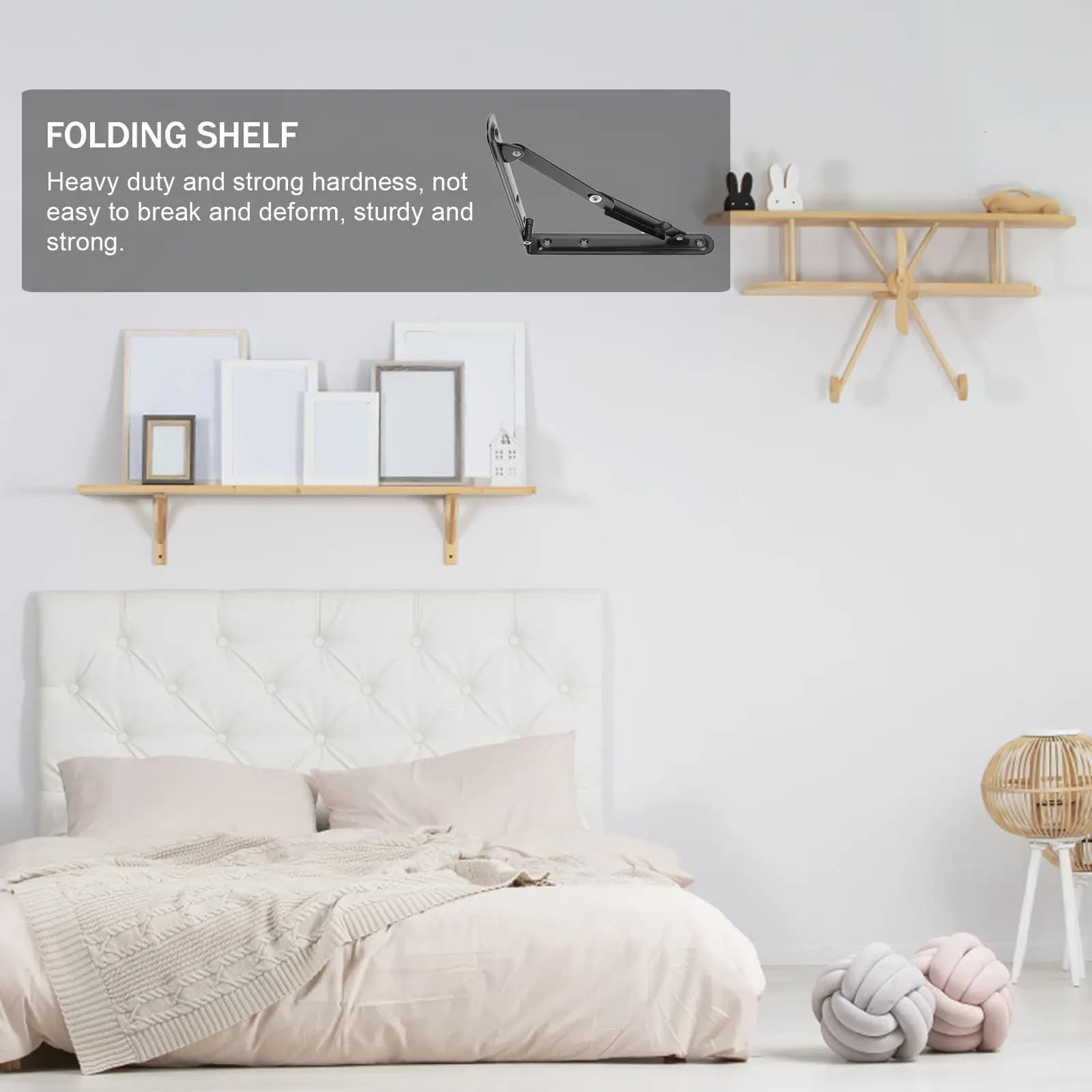2Pcs Folding Shelf Brackets Black Heavy Duty Iron Support Brackets for Wall Board Storage Sturdy Triangle Hinge for Table Bench