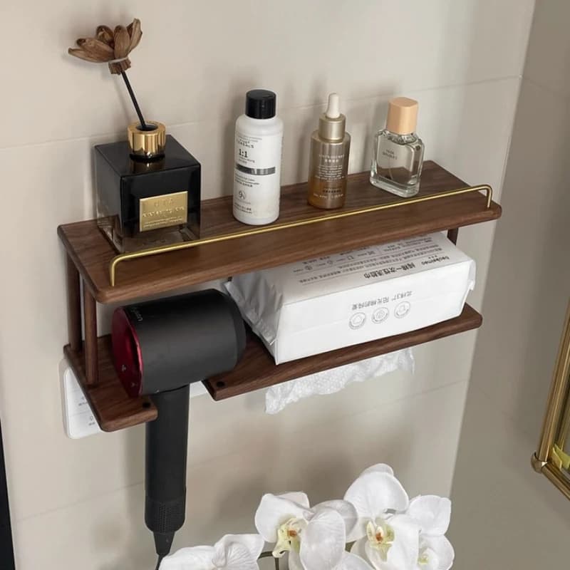 Organizer da bagno in noce, asciugacapelli da incasso e porta asciugamani per il viso, mensola per cosmetici a parete, supporto da bagno moderno