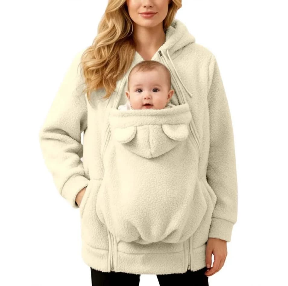 Autumn Winter Kangaroo Baby Carrier Hooded Jackets For Women Casual Hooded Mommy Outerwear Thickened Fleece Baby Pocket Jackets