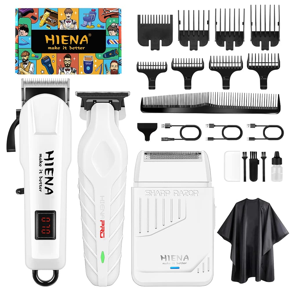 Kit Tagliacapelli Professionale HIENA, Set da 3 Pezzi Senza Fili con Display LED, Ricarica USB Rapida per Casa e Salone