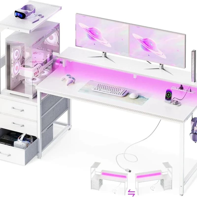 Scrivania da Gaming da 59 Pollici con Porte USB e Luce LED - Scrivania per Computer Reversibile con 3 Cassetti in Tessuto, Supporto per Monitor