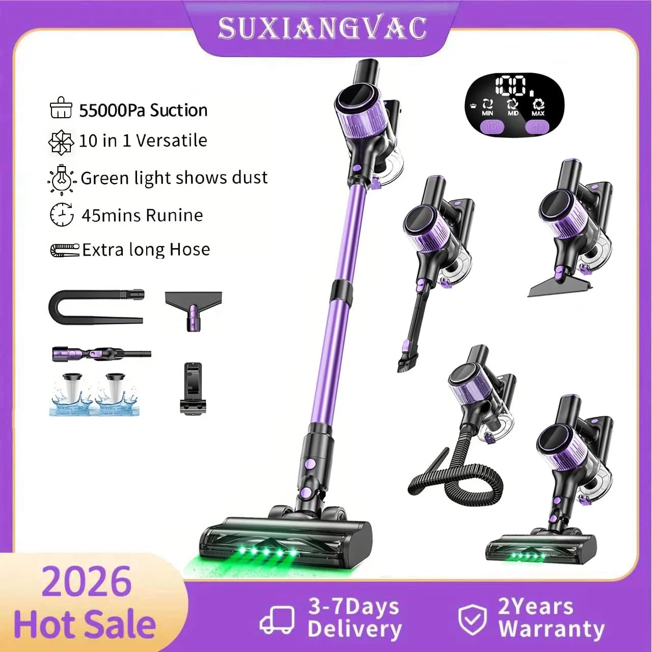 Aspirapolvere Senza Fili, 55Kpa/500W/45min 10 in 1 Potente Aspirapolvere Leggero a Bastone per Casa, Peli di Animali, Pavimenti Duri, Tappeti