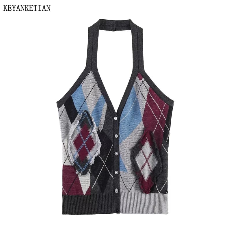 KEYANKETIAN 2026 Nuovo Top Halter da Donna in Maglia Argyle Stile Y2K con Decorazioni Effetto Danneggiato, Senza Maniche, Scollo a V, Bottoni, Crop Top Gilet