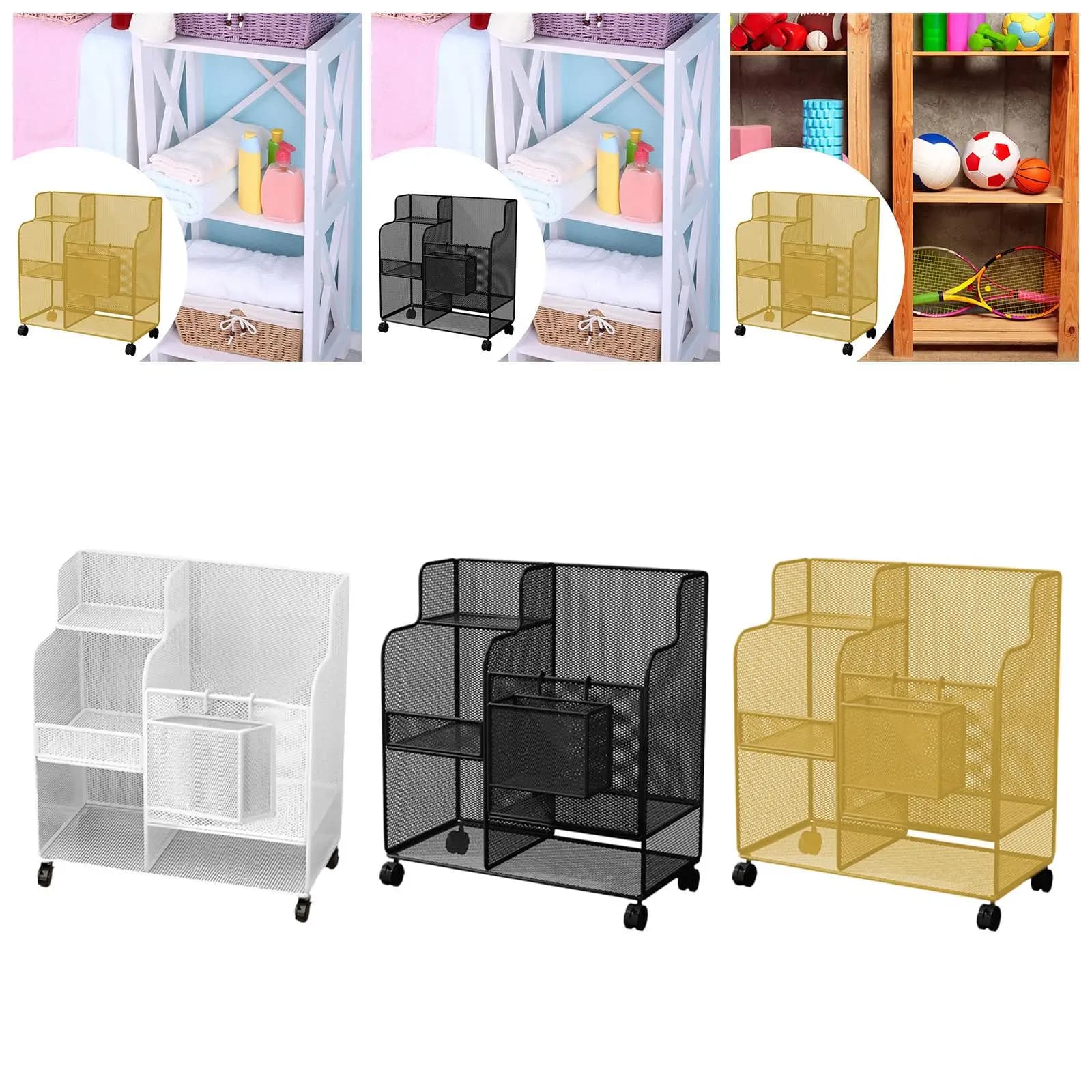Organizer trolley for equipment with wheels Comfortable garage organization with corner shelf for foam roller handlebars