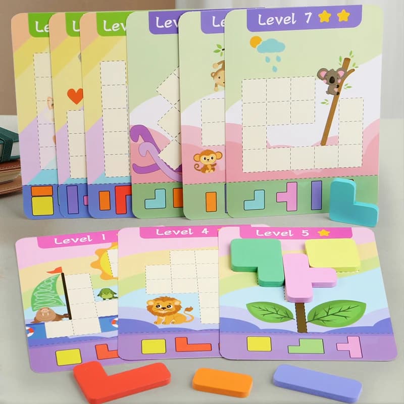 Giocattolo puzzle educativo in legno, 7 blocchi di costruzione colorati in legno e 9 carte da sfida fronte-retro, gioco di abilità di pensiero per esercizi