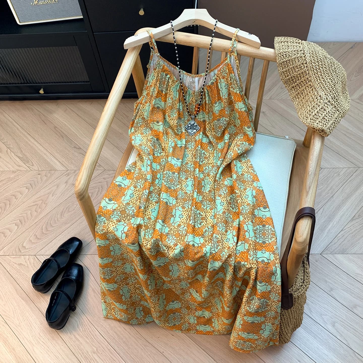 Summer Lightweight Silklike Floral Print Drapey Strap Dress Women's Fashionable Versatile Long Dress Citywalk Bamboo Cotton