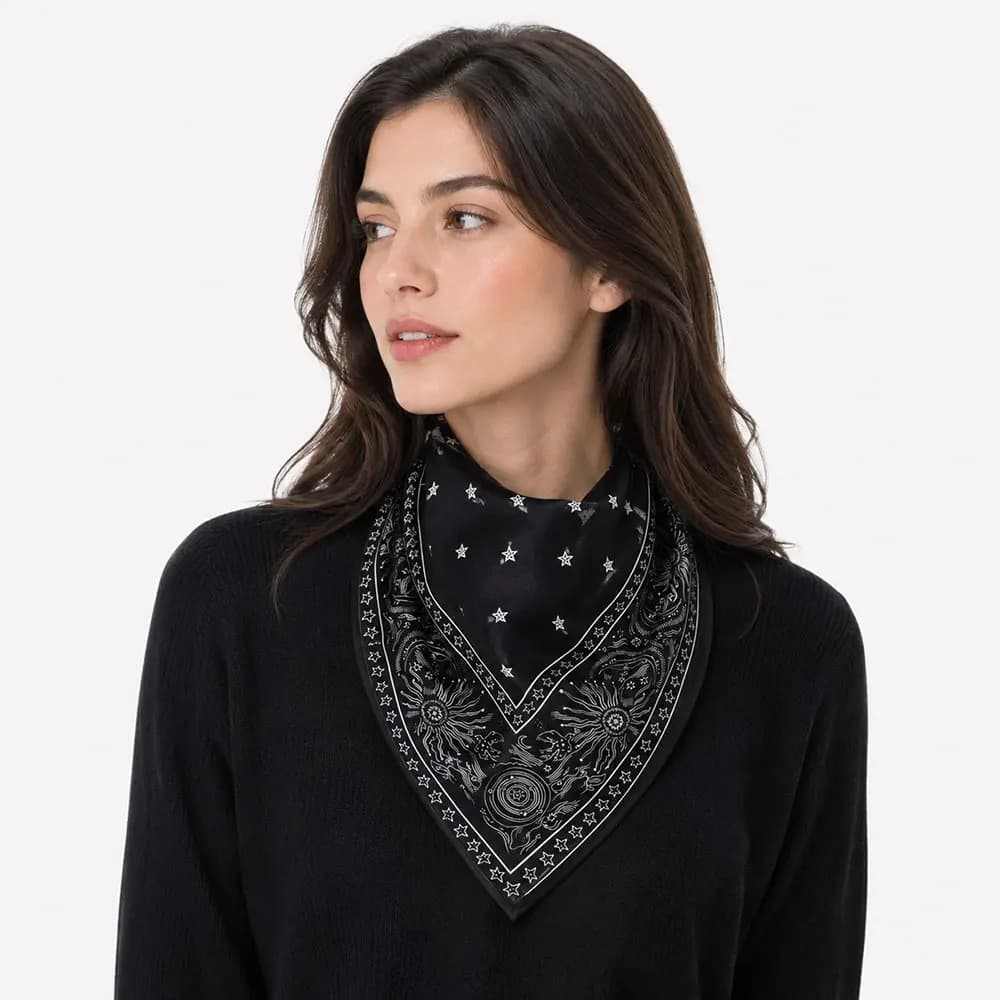 53cm 100% Pure Silk Scarf Women Tarot Sun Moon Celestial Star Astrology Print Black White Bandana Head Square Neckerchief Wrap
