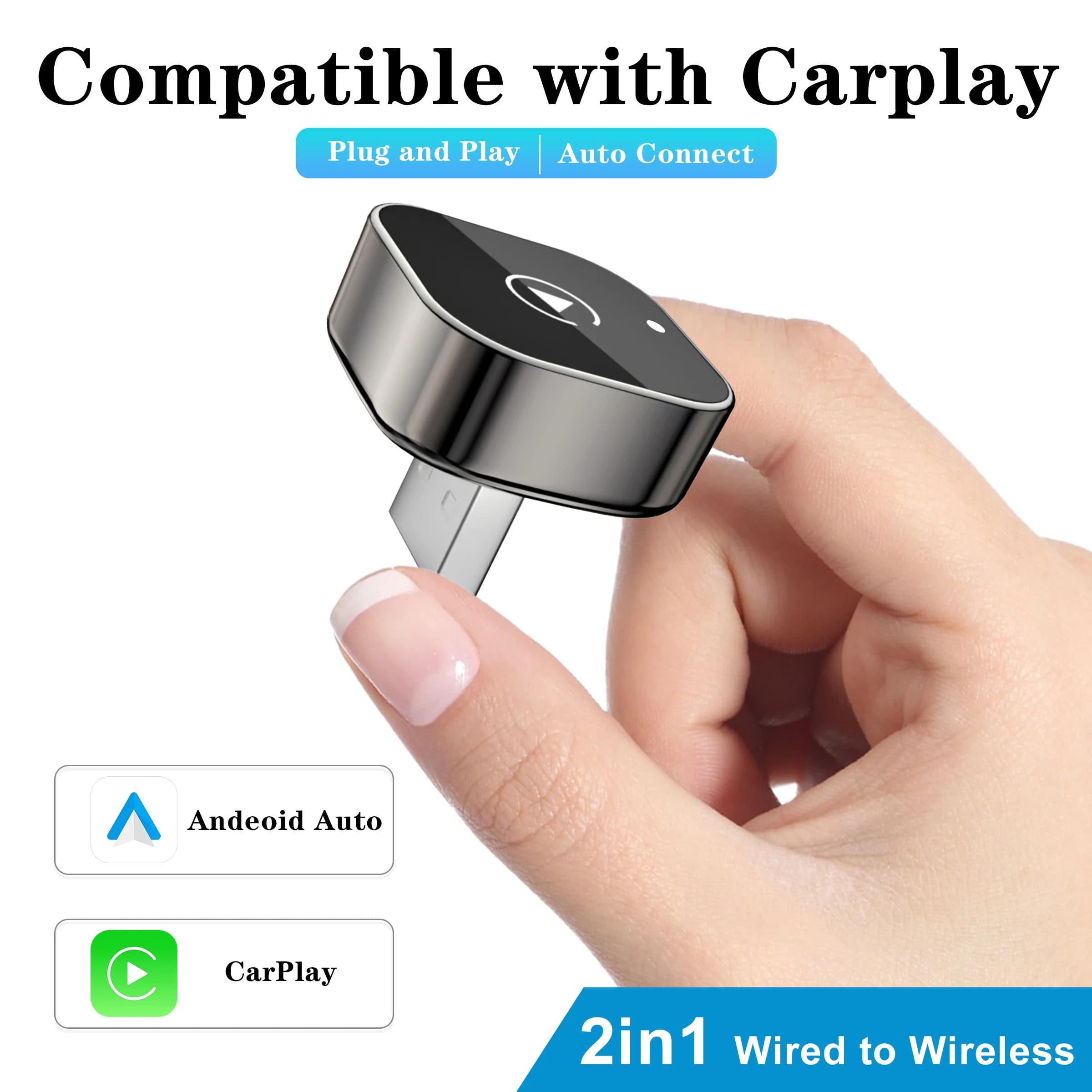 Adattatore Carplay wireless 2 IN 1, converte l'adattatore carplay cablato in wireless per iPhone, Carplay Plug & Play con controllo wireless