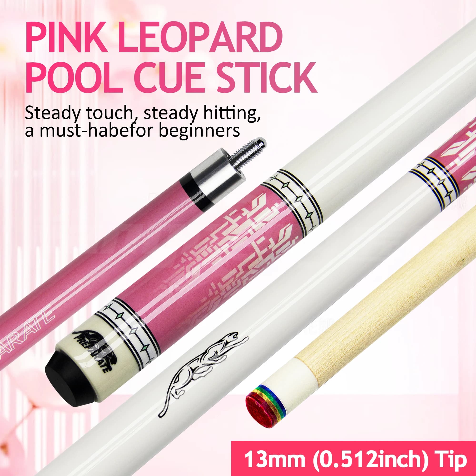 Stecca da biliardo in legno di acero leopardo rosa, punta arcobaleno multistrato da 13 mm, giunto in acciaio per biliardo e 3 cuscini