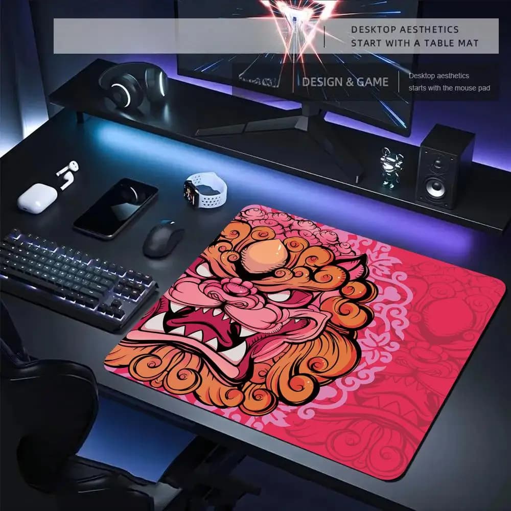 Tappetino per mouse dal design unico con testa di leone in stile anime, tappetino da scrivania per gaming con bordo cucito, resistente e antiscivolo, 40X45CM.