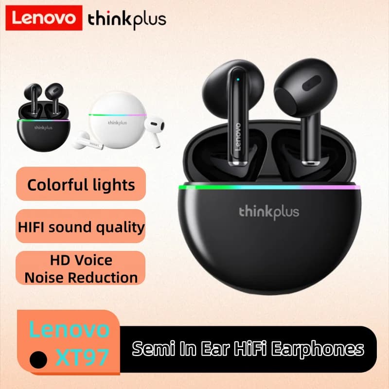 Auricolari Lenovo XT97 Wireless Bluetooth 5.3 Semi In-Ear con effetto luce RGB, audio HiFi, cuffie a bassa latenza, 250mAh