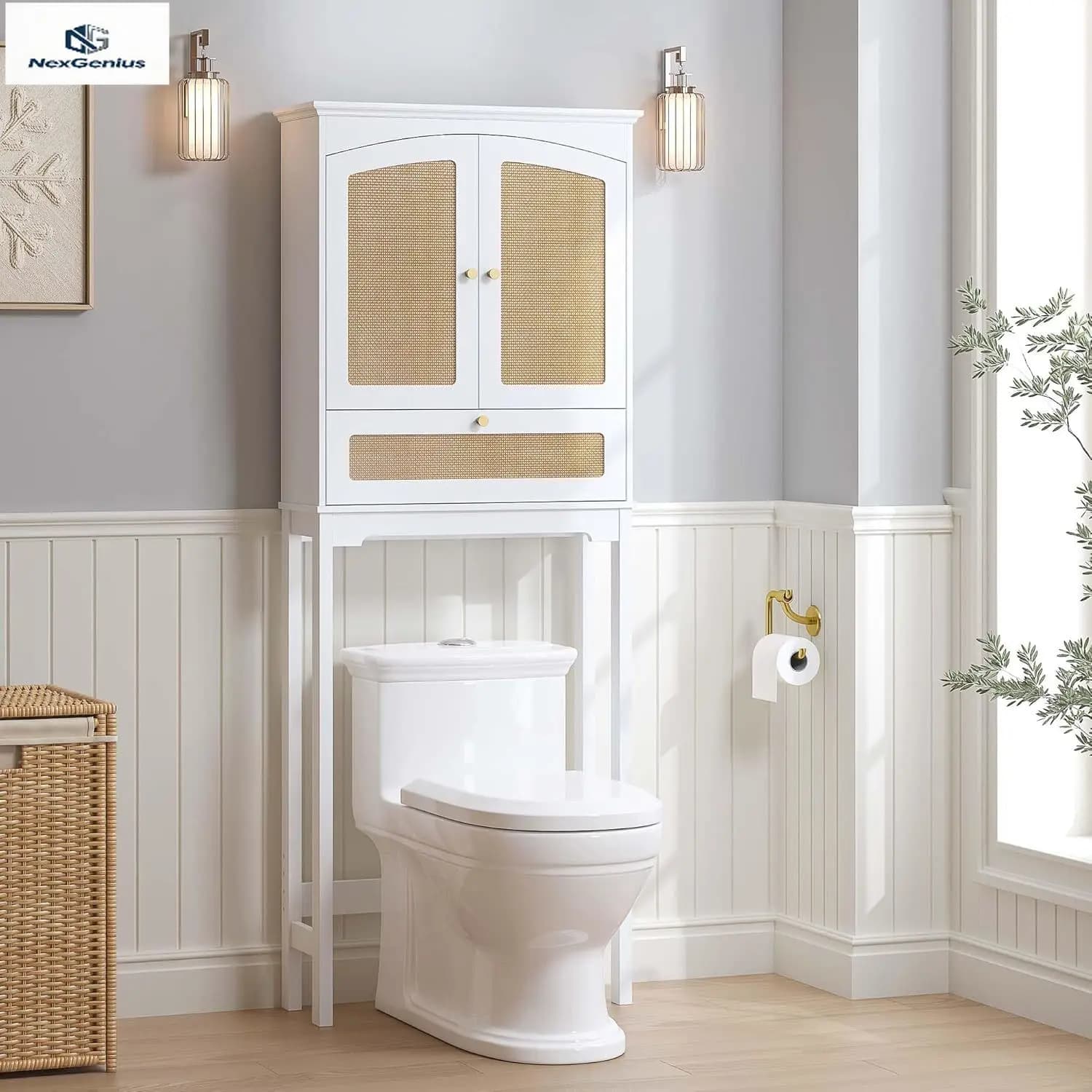 Organizzatore da bagno sopra il WC con ante in rattan, cubo ribaltabile e ripiano regolabile