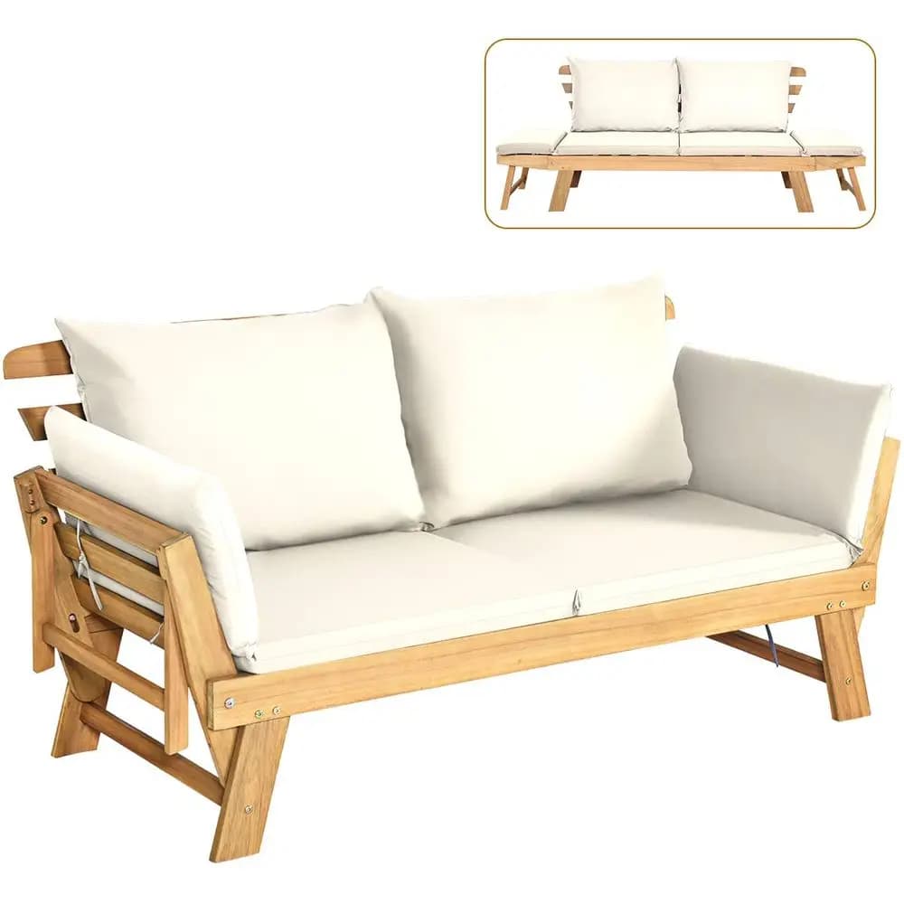 Divano letto convertibile in legno di acacia per patio con braccioli regolabili, lettino da esterno con cuscino e cuscini decorativi, pieghevole per esterni