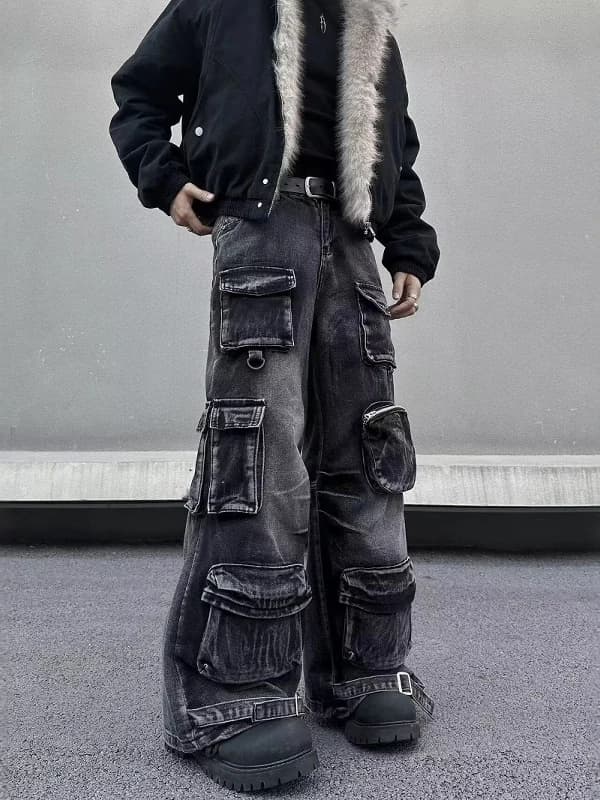 Men's Multitasche Resistant American Workwear Jeans, Straight Leg Wide Pants, Casual and Versatile