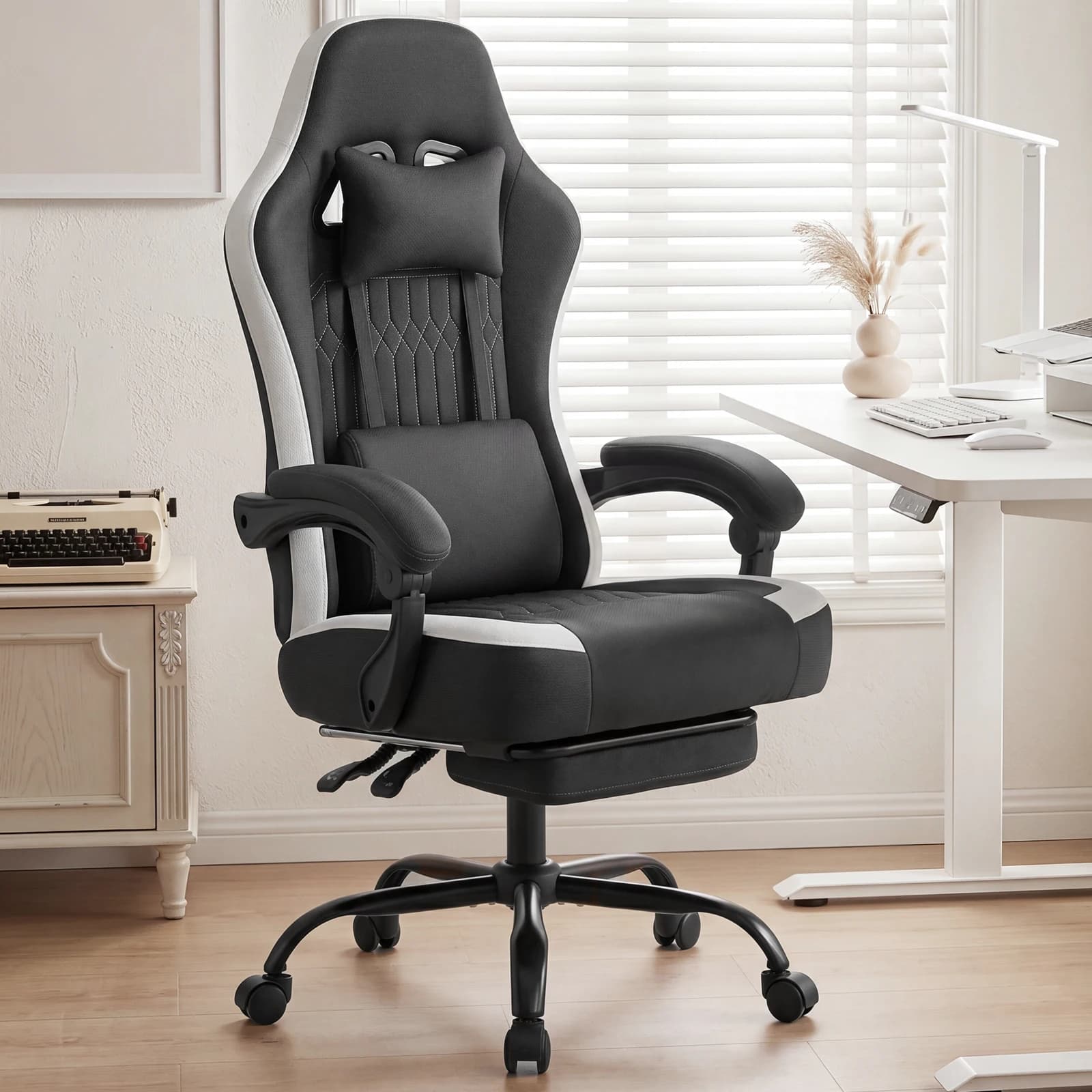 MCQ Computer Gaming Chair Ergonomic Desk Chair with Footrest and Lumbar Support 360° Swivel Wheels High Back Height Adjustable Task Chair with Linkage Armrests and Headrest