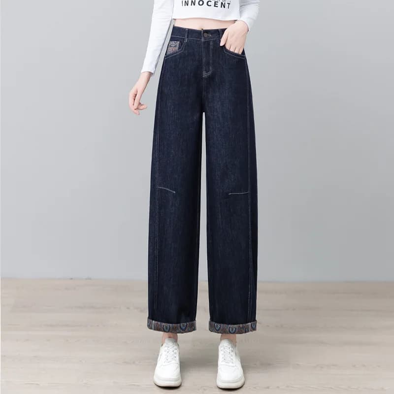 Jeans wide leg cymitar to nine tips denim color Spring and autumn Slim beaded trousers wide draped again style
