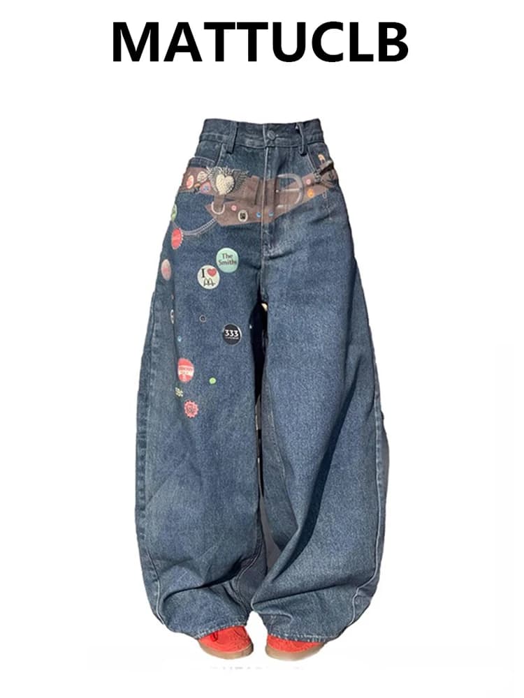 2025 Autunno Inverno Pantaloni in denim da donna Boyfriend Y2K Stampa giapponese Jeans larghi Grunge Harajuku Cowboy 2000s Wide Fit Nuovo in