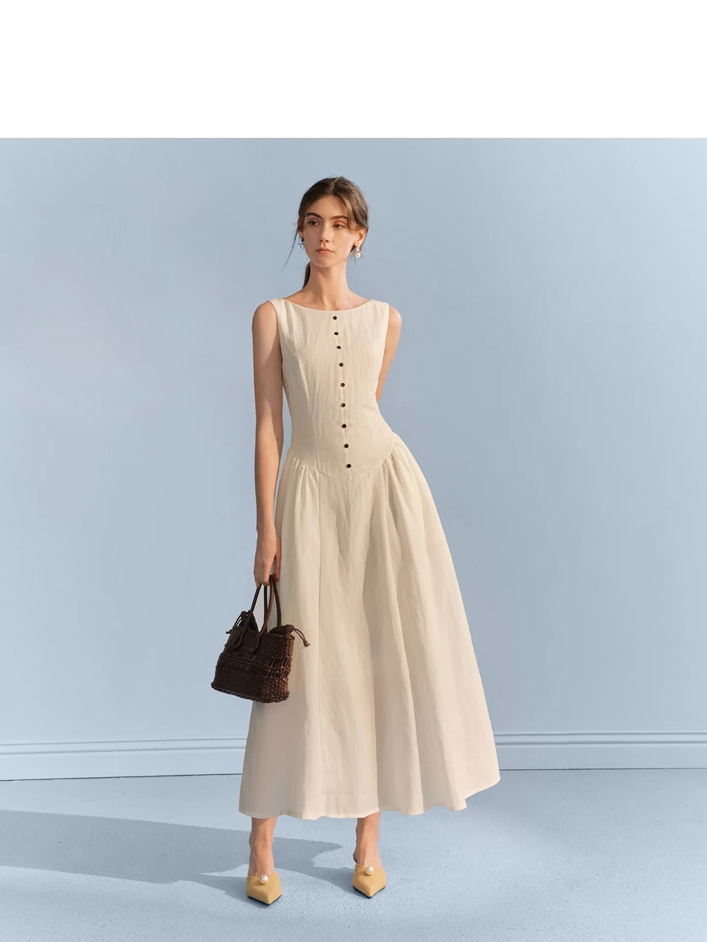 AEL Abito Gilet Senza Maniche in Seta e Lino Bianco Originale da Donna, Estivo, con Design a Pieghe e Vita Stretta, Stile Francese Citywalk