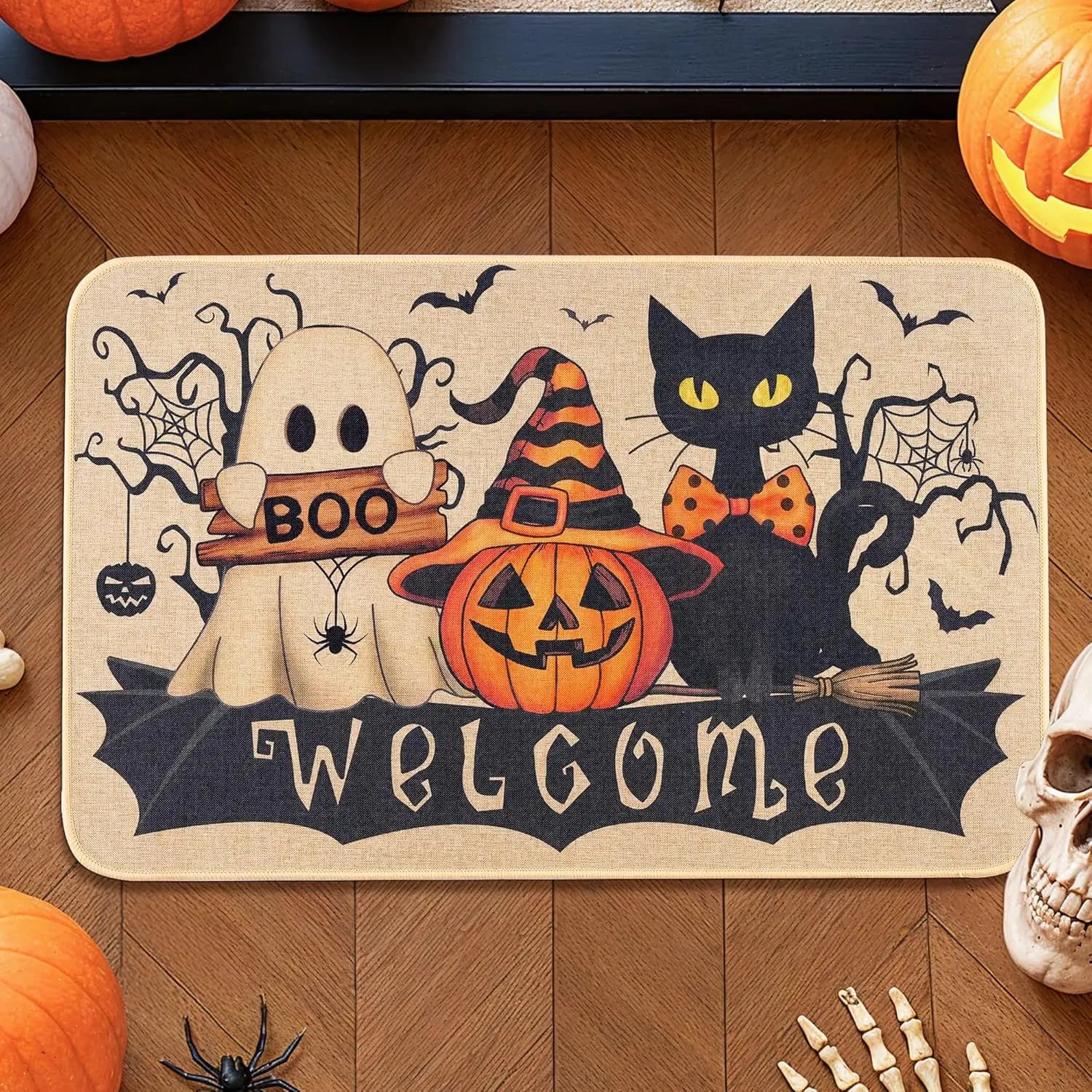 VIKAMA Tappetino di benvenuto di Halloween Fantasma Gatto nero Decorazioni di Halloween per interni ed esterni Portico Ingresso Corridoio Tappeto da cucina