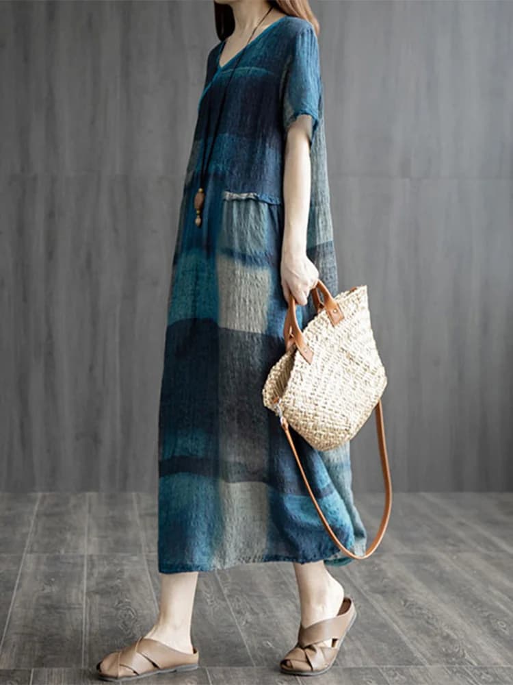 Women's Short Sleeve V-Neck Plaid Midi Length Linen Cotton Dress Artistic Style Loose Waist Print A-Line Summer Dress