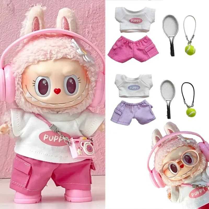 Simpatico cucciolo T-shirt vestito abbigliamento per bambola Labubu sport badminton palla da tennis pantaloni cargo vestiti seduti accessori per feste