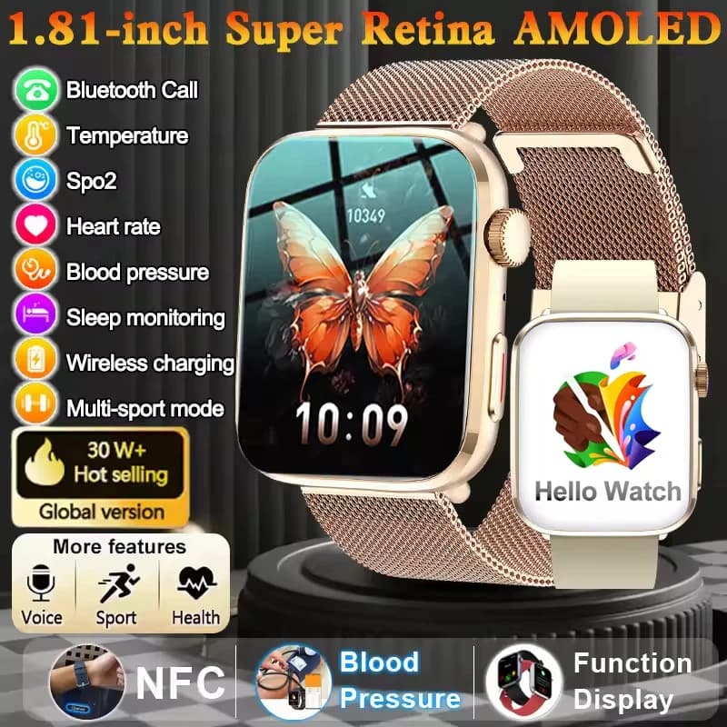 New Smartwatch Fit 3 Ultra for women with intelligent AI diagnosis, blood pressure monitoring and heart rate, NFC, HD calls, compatible with Android and iOS.