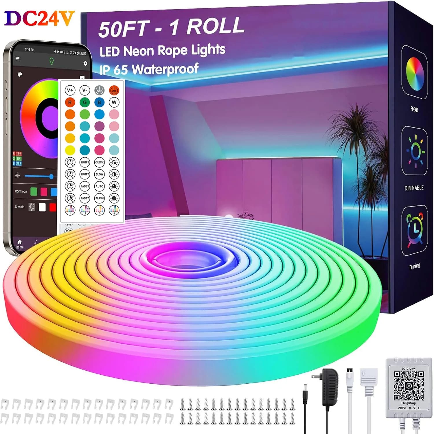 Waterproof Neon Flexible Strip Lights 24V RGB Led Neon Rope Lights with Remote App Control Outdoor DIY Design for Bedroom Deco