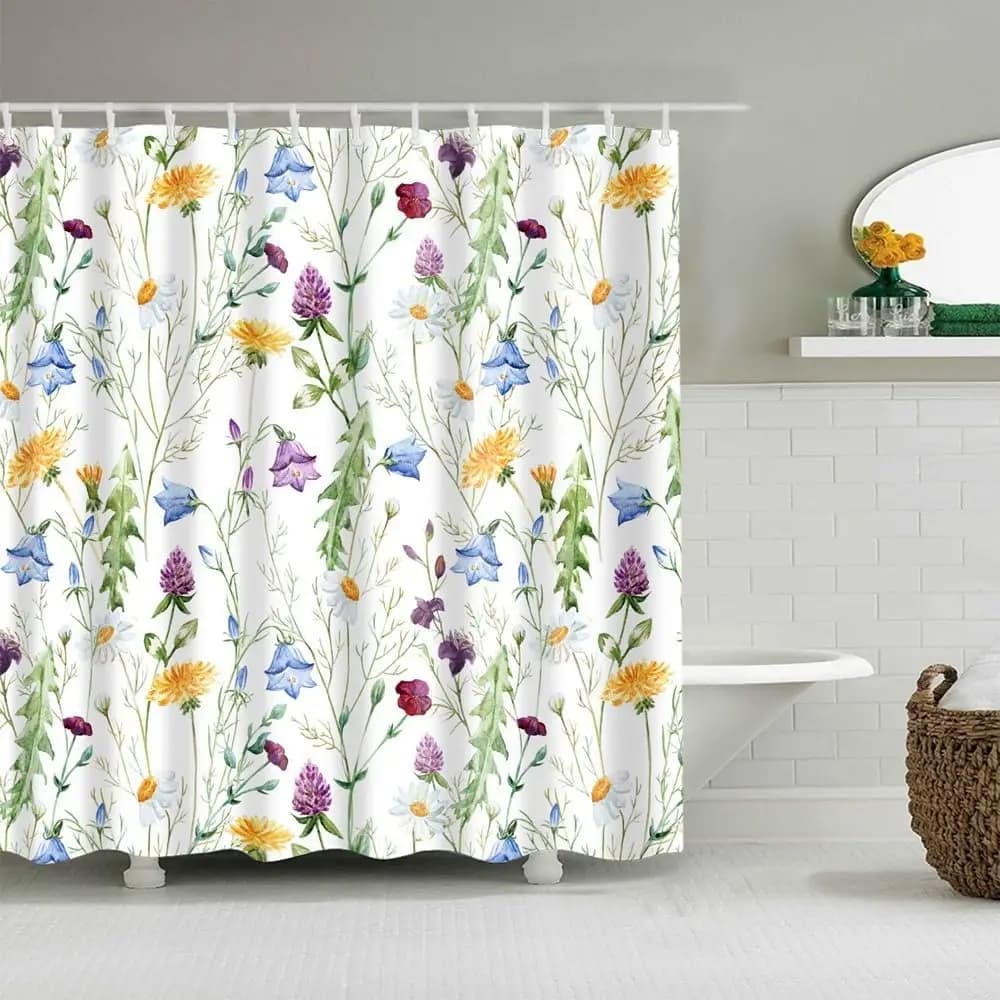 Tenda da doccia in tessuto, set di tende da doccia in poliestere impermeabile ad asciugatura rapida con orlo ponderato per bagno (fiori di erba di prugne,