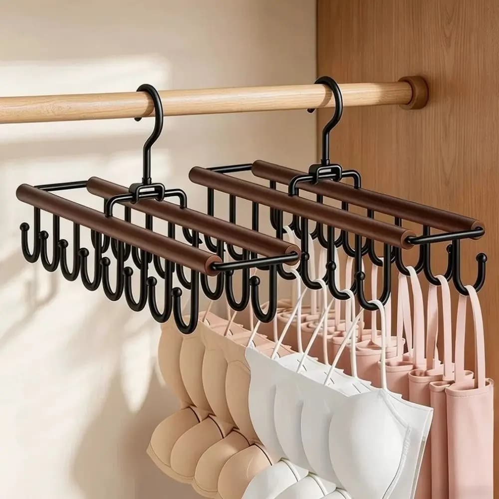 Portable 16 Hooks Double Row Rotating Hook Anti-slip Wood Storage Bra Hangers Space Saving Tie Belt Clothes Rack Dormitory
