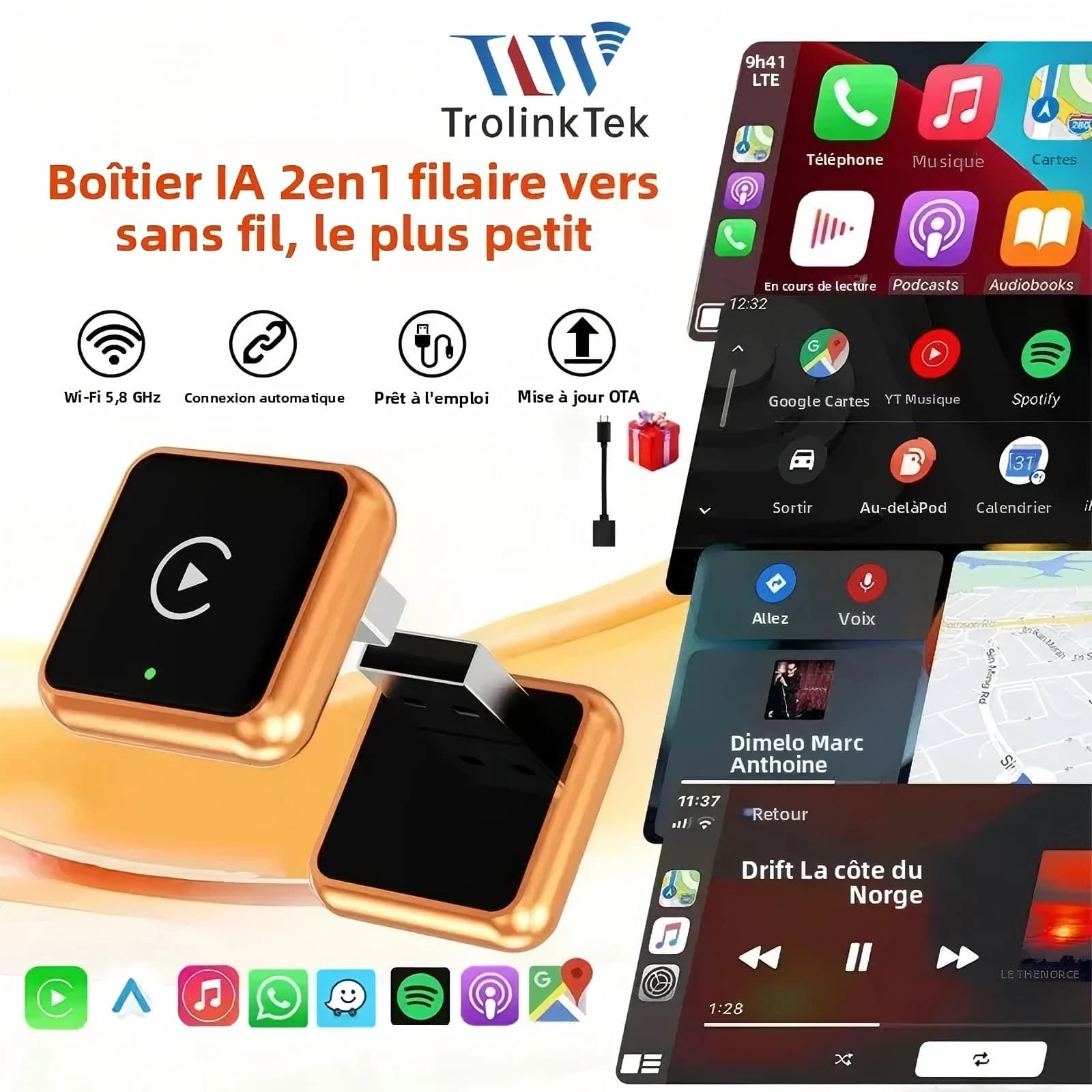 TrolinkTek 2026 Wireless 2 IN 1 Adapter for CarPlay and Android Auto, Plug and Play Smart USB Adapter for Mazda, Haval, Kia, Volvo, Audi