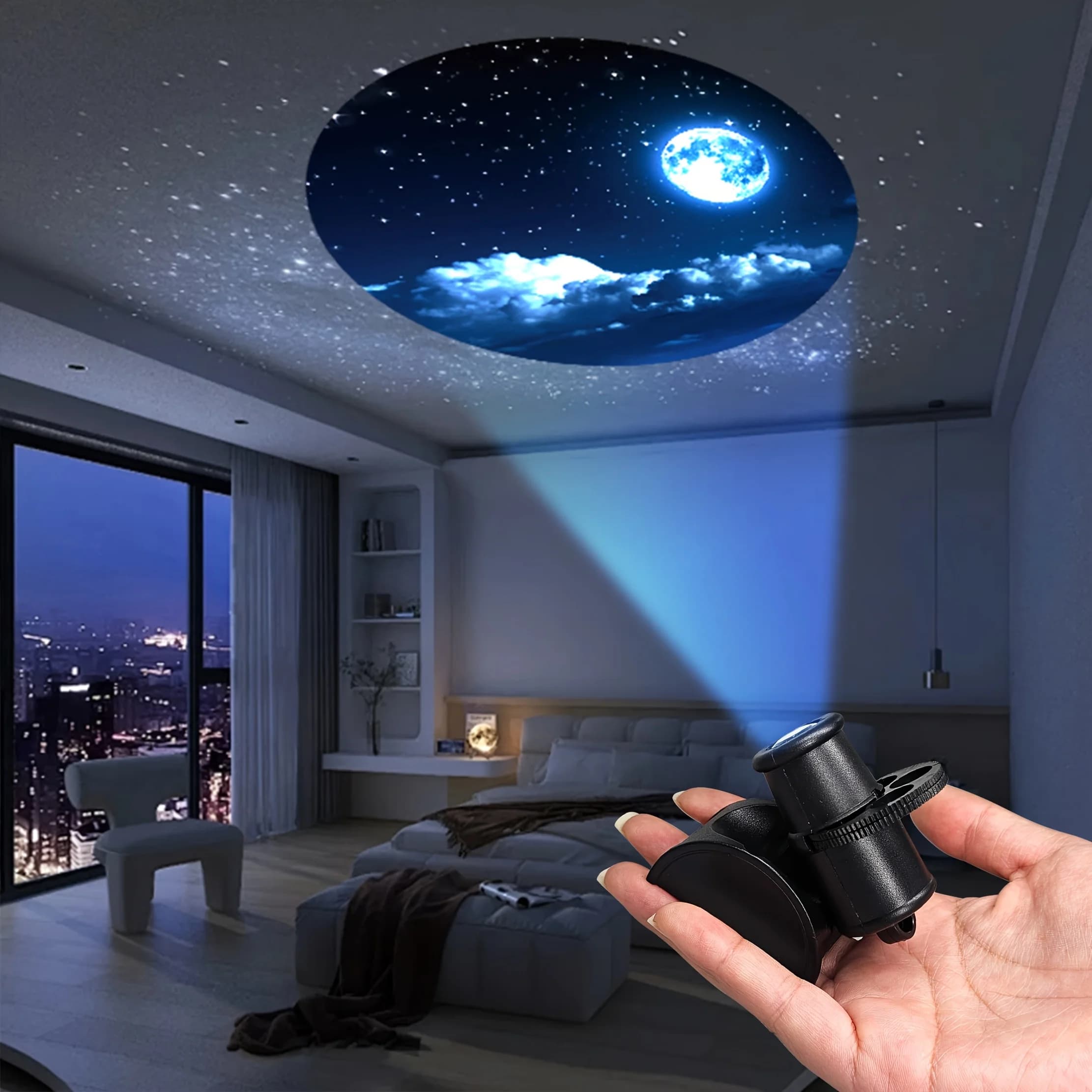 Mini Proiettore Notturno Luna, Stelle e Costellazioni - Lampada di Proiezione 3-in-1 Ricaricabile USB con Diapositive Intercambiabili