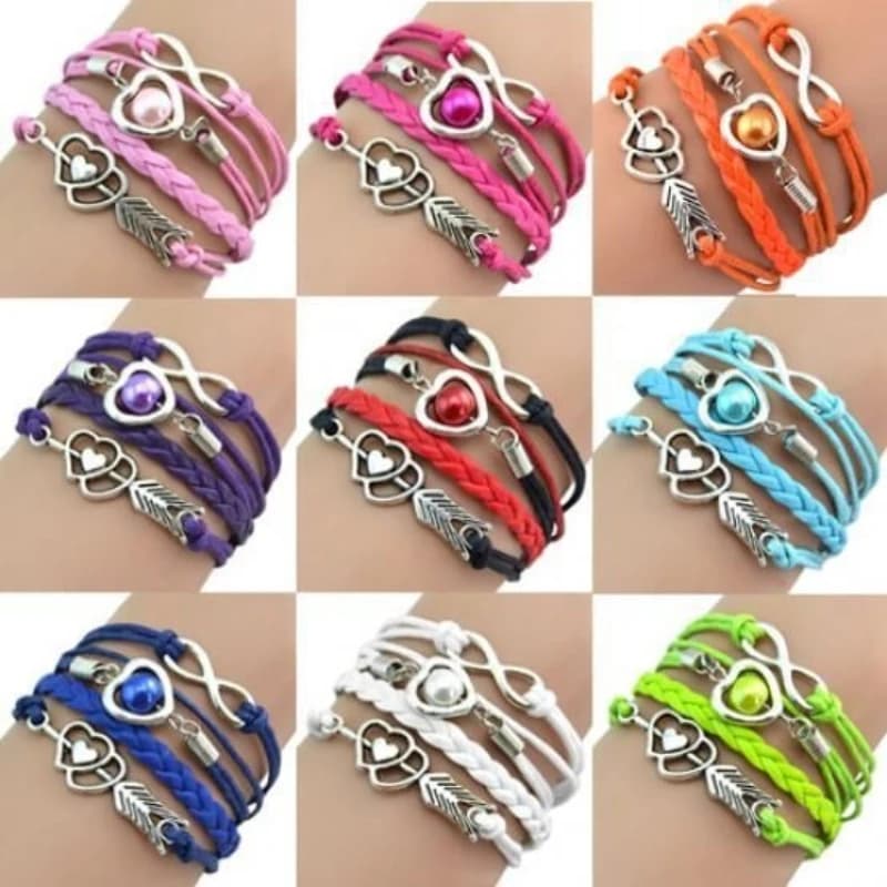 Blue Multilayer Leather Wrap Bracelet, Infinity Heart Arrow Charm Bangle, Boho Gift for Women Girls