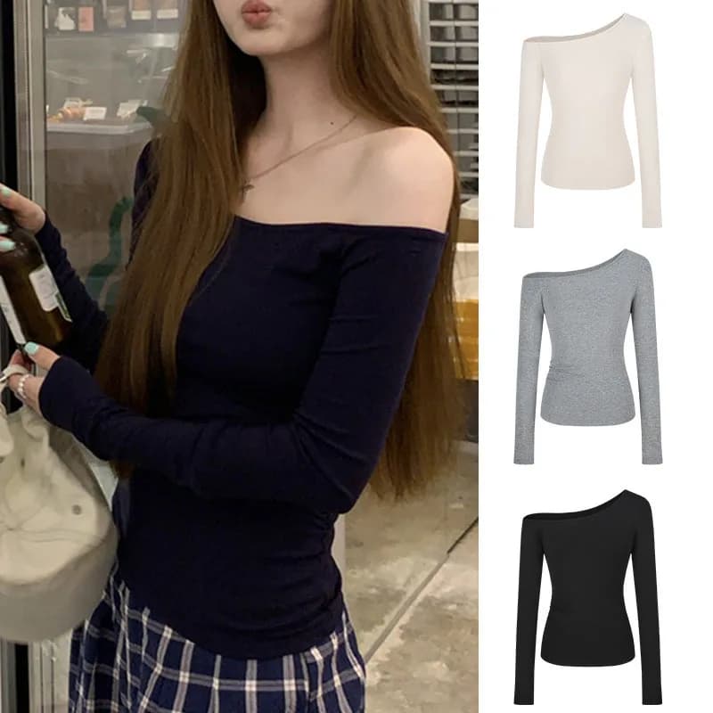 1pcs Spring Autumn Fashion Skew Collar Off-shoulder Long-sleeved T-shirts Women New Solid Slim Fit Sexy Tees Shirts Student Tops
