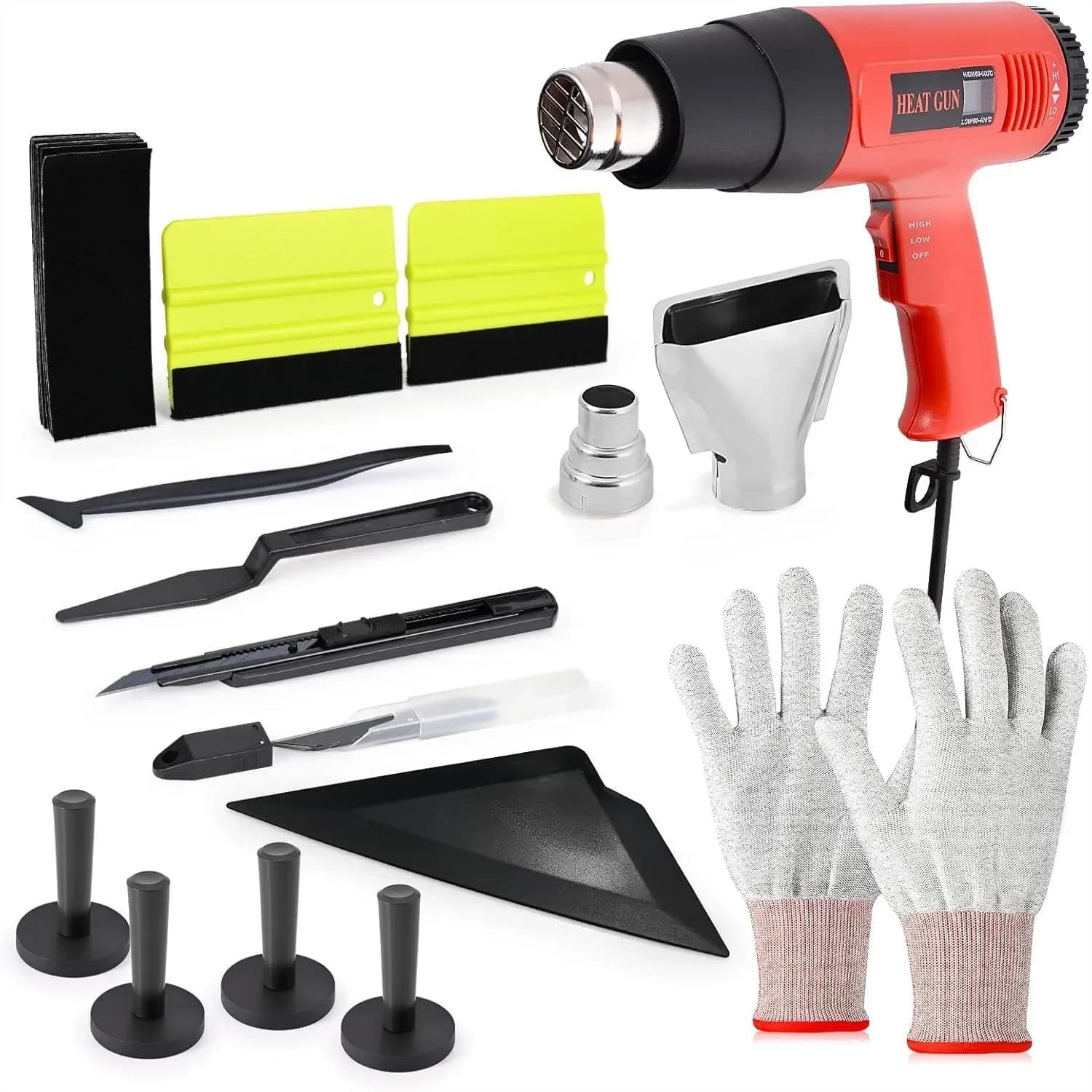 Kit Professionale per Applicazione Pellicole Oscuranti per Finestrini con Pistola Termica da 1800W, 10 Raschietti in Feltro, Raschietto con Impugnatura in Plastica, Coltello Multiuso, Supporto Magnetico, Guanti per Installazione Pellicole Auto