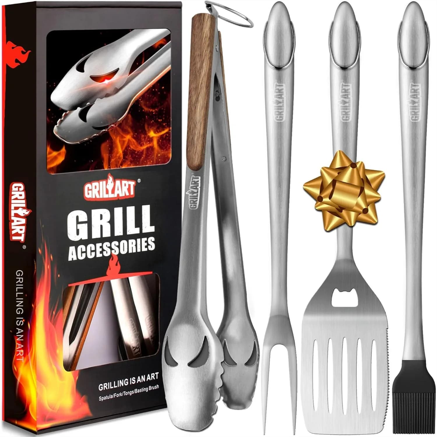 Set di Utensili per Barbecue da 18 Pollici con Pinze, Spatola, Forchetta e Spazzola in Acciaio Inossidabile per Grigliate all'Aperto